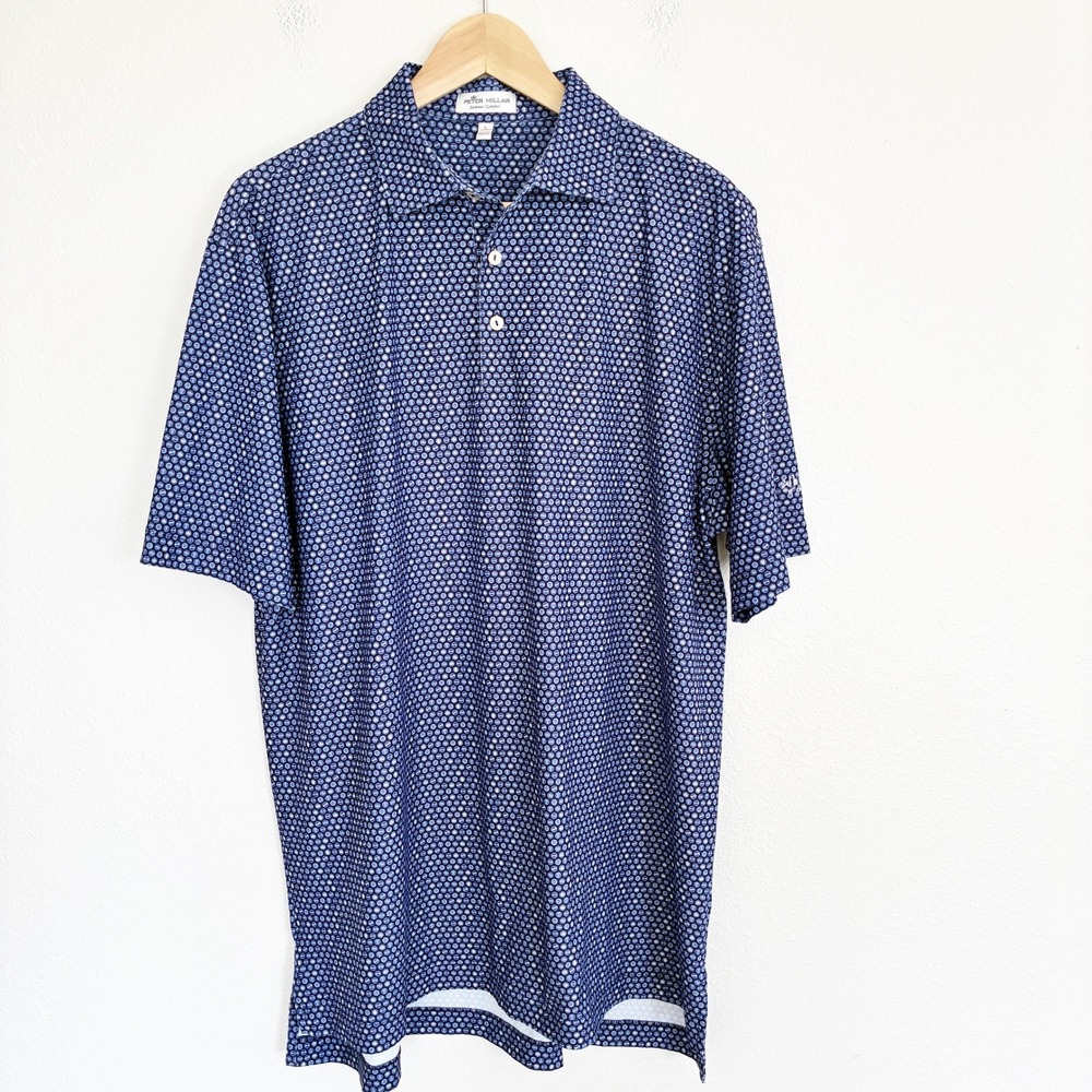 Peter Millar Summer Comfort Polo Shirt Mens L Blue Geometric Whisper Rock